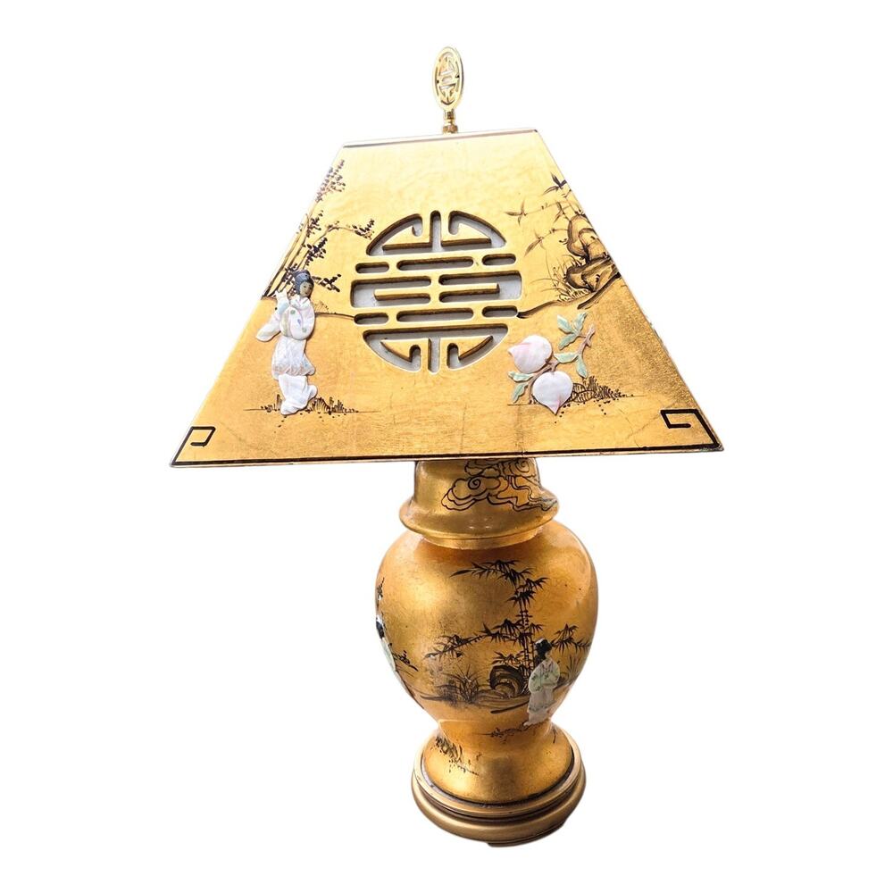 Vintage Korean Style Mother of Pearl Lamp Black Lacquer Abalone Inlay 28"